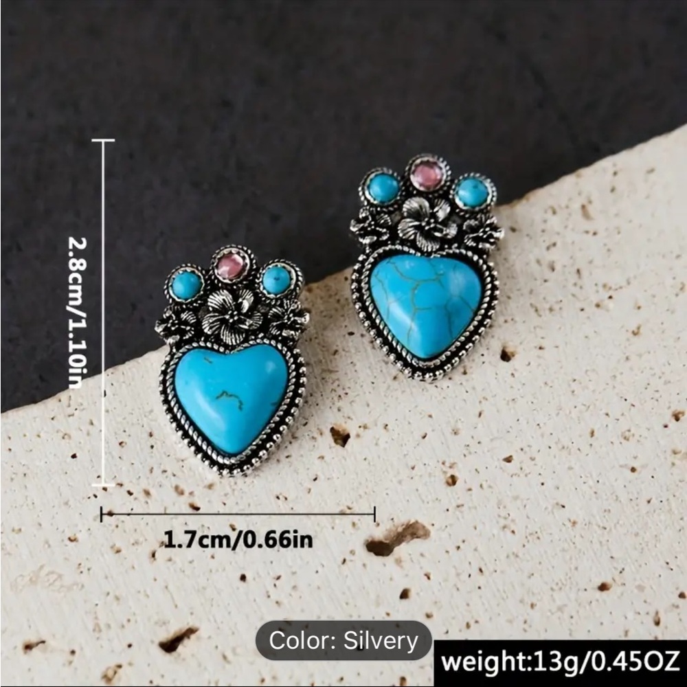 Gemstone Heart and Flower Turquoise Colored Earrings - Picture 3 of 4